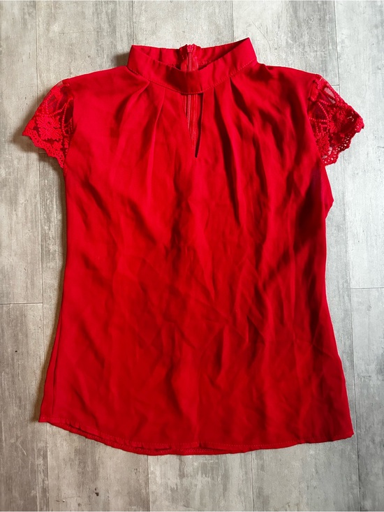 Tops - Red Lace-Trim Mock Neck Women's Top